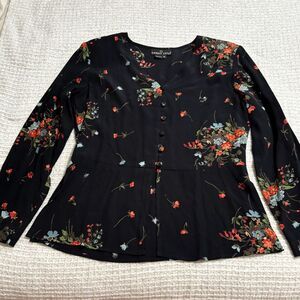 Carole Little Floral Button Front Blouse 8 Black Romantic Boho Garden Core USA